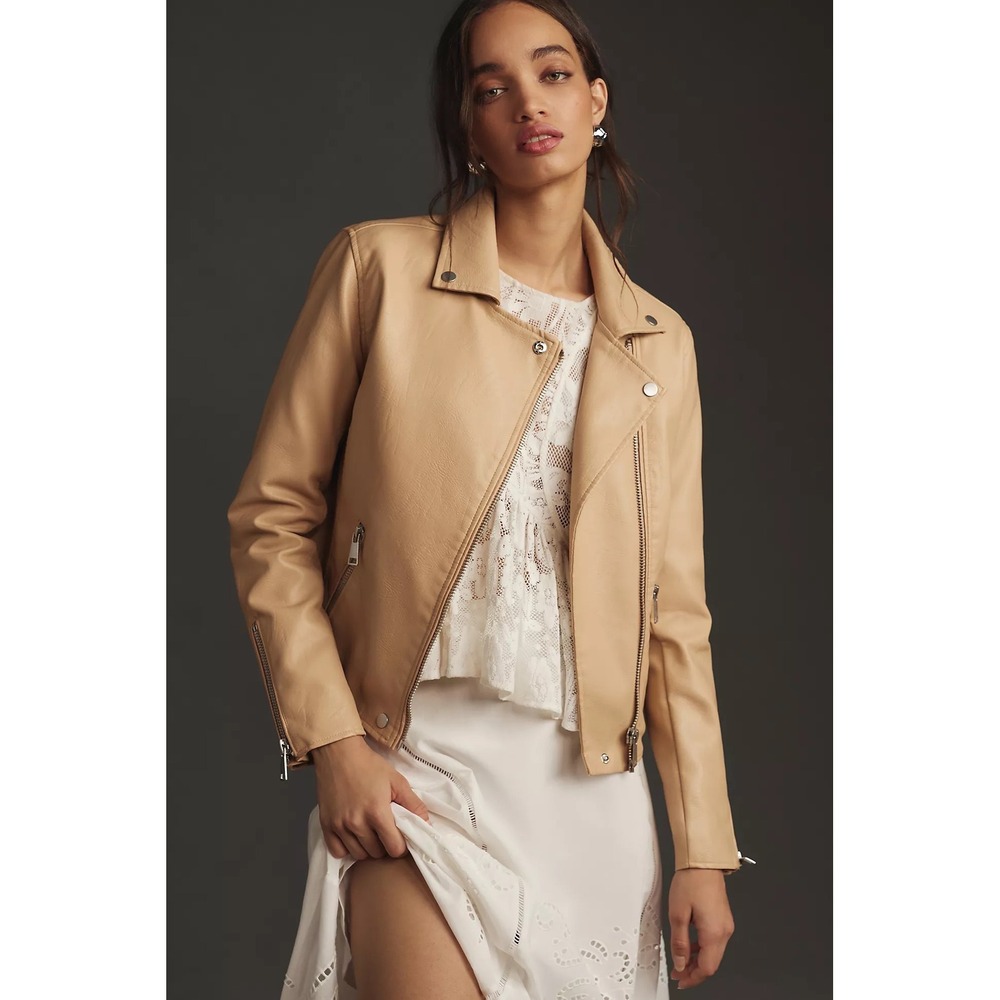 Anthropologie Saige Beige Faux Leather Moto Jacket | Size Medium